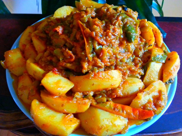 Baingan Aloo Matar Bhaji- Eggplant, Potato and Green Pea Curry