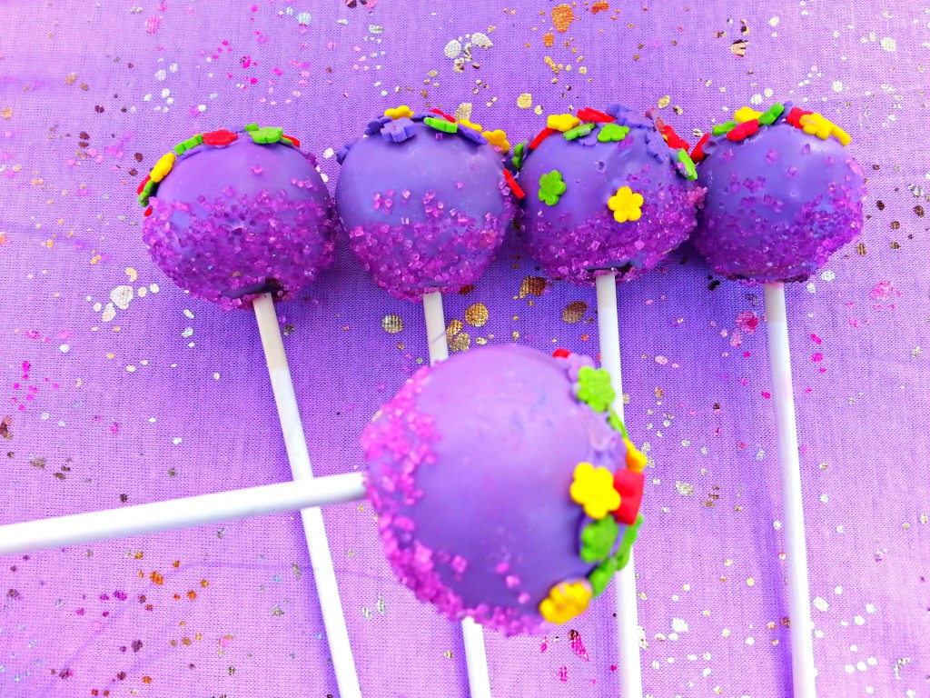 Purple Cake Pops with Flower Sprinkles 