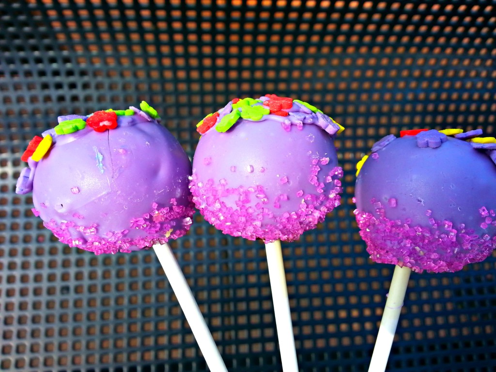 Purple Cake Pops with Flower Sprinkles 