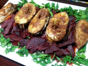 Fried Rohu Fish and Boiled Beetroot Curry (Machli aur Chukandar ki Sabzi)